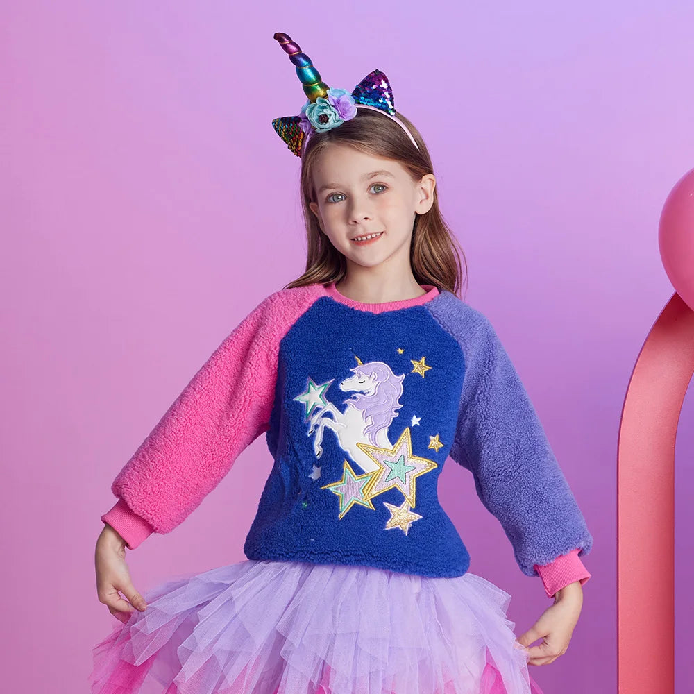 VIKITA Toddlers Licorne Star Appliqued Patchwork Sweatshirt Girls Fleece Autumn Winter Soft Sportwear Pullover Tops Costumes