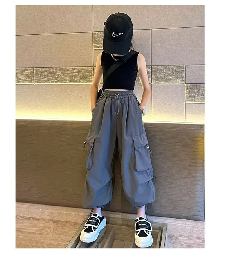 Girls' High Waist Straight Trousers Kids Fashion Hip Hop Joggers Cargo Pants Children Cool Spring Autumn Drawstring Sweatpants