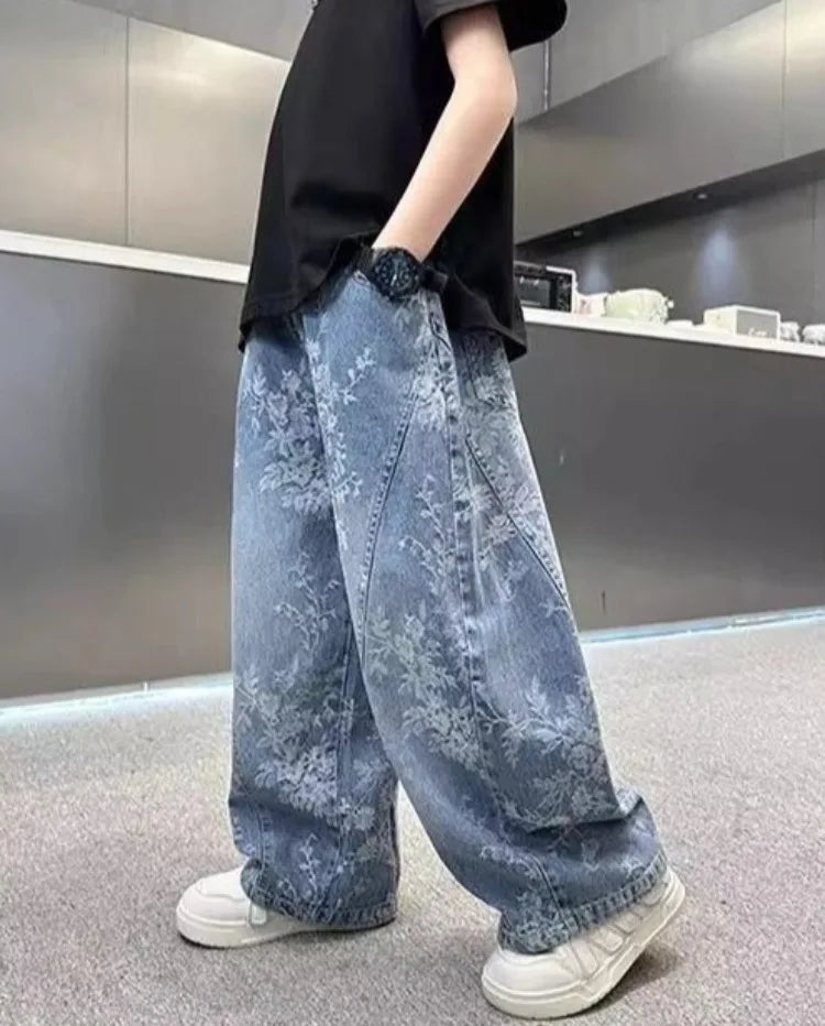 Kids' Casual Wide-Leg Jeans with Jacquard Print - Boys & Girls Big Kids Comfort Fit Spring Autumn Pants