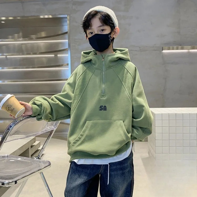 2025 New Boys' Mid-Large Spring-Autumn & Autumn-Winter Fleece-Lined Thickened Hooded Hoodie - Trendy Streetwear Boys' Top