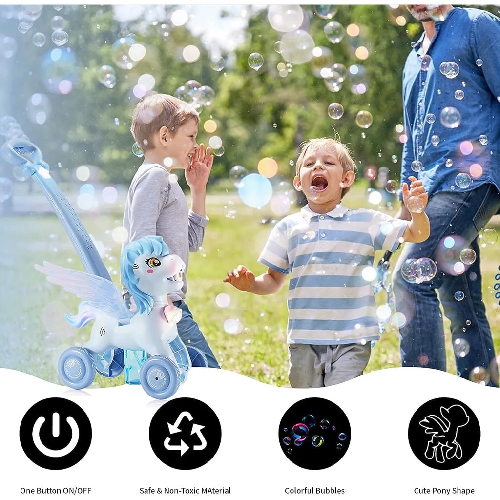 Pony Bubble Machine for Kids Automatic Bubble Lawn Mower with Light & Music Bubble Cart Outdoor Push Toys for Birthday Gift