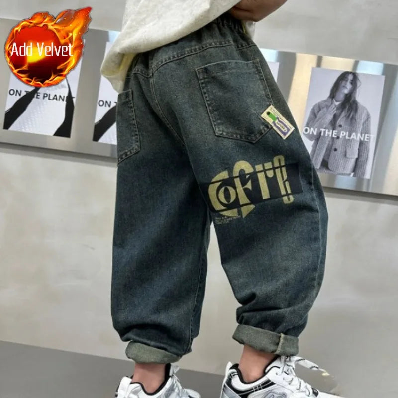 Kids Boys Thickened Winter Jeans Loose Fleece-Lined Long Pants Casual Stylish Warmth