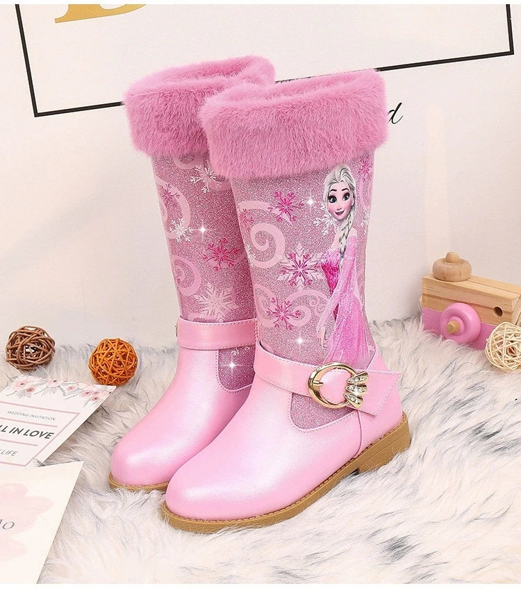 Disney Girls' Leather Boots Winter Cartoon Frozen Boots Zipper High Plush Princess Elsa Boots Warm Children's Boots Size 25-36