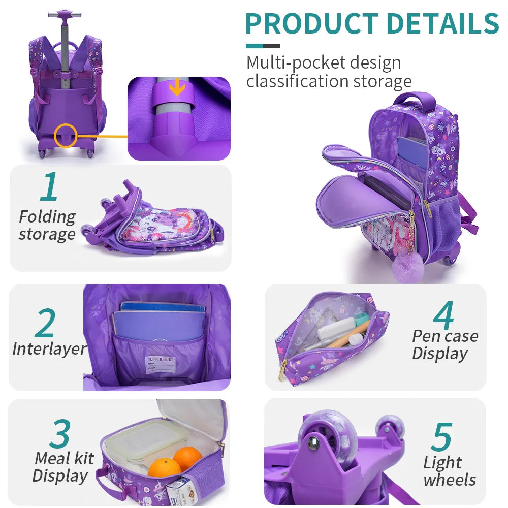 3PCS set Rolling Backpack For Girls, Cute Cartoon Cat Sequin Wheeled Bookbag For Elementary Students, With Lunch Box And Pen Bag