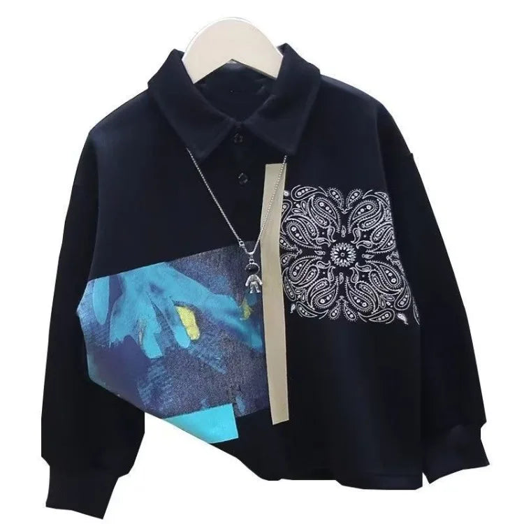 Boys' Medium-Large 2025 New Spring/Autumn No Hood Street-Style Casual Polo Collar Layering Top Trendy Kids Sweatshirt