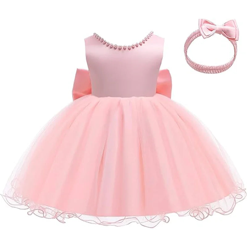 Infant Baby Tulle Backless Pageant Wedding Party Flower Girls Big Bow Dress With Headwear For Toddler Baptism Birthday Prom Gown