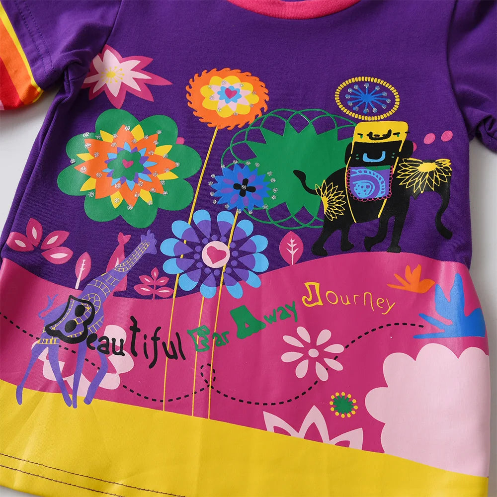 VIKITA Girls Clothing Sets Kids Floral Print Long Sleeve Cotton Rainbow Striped T Shirt and Leggings 2 Pcs Home Wear Clothes Set