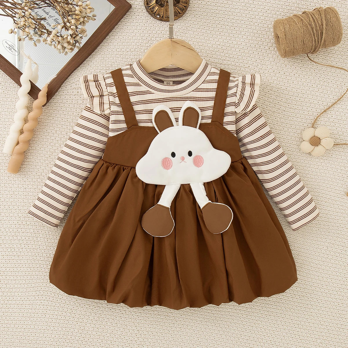 Spring And Autumn New Brown Striped Long Sleeved Baby Girl Dress, Cute Cloud Children'S Clothing For Babies Aged 6-24 Months