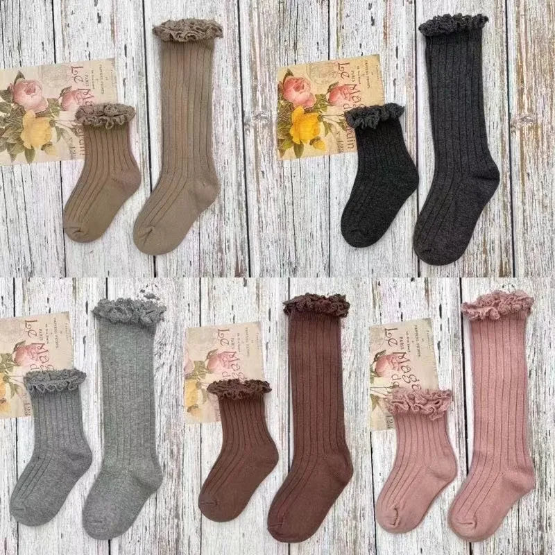 Ruffle Kids Knee High Socks Baby Girls Toddlers Long Soft Cotton Sock Lace Flower Children School Uniform Socks For 0-8Years