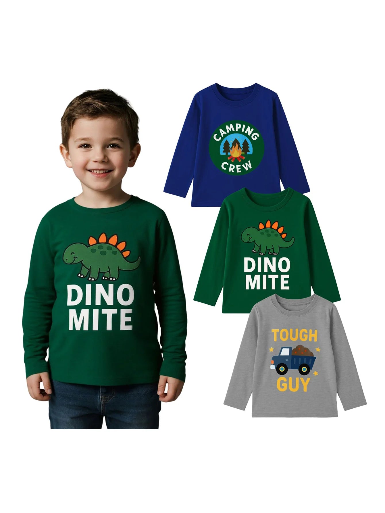 3-piece set of boys' long sleeved T-shirt with pure cotton round neck cartoon pattern for outdoor leisure autumn and winter