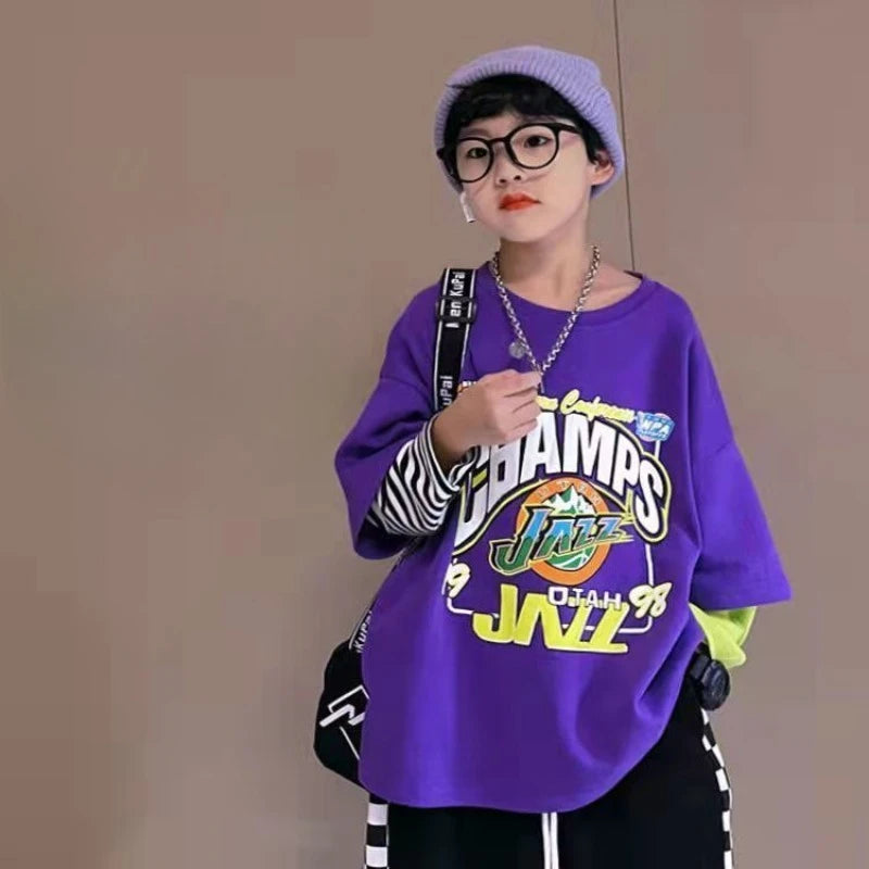 Fake Two Piece T Shirt Kids Korean Clothes Boys Wear Cartoon Children's Fashion Tops Boys' Child T-shirt T-shirts Boy Top 2025