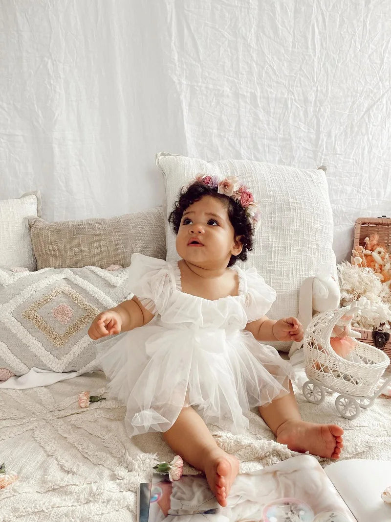 2025 Summer Baby Clothes 100 Day Baptism Birthday Party Sleeveless jumpsuit Mesh Bow Romper Girl Princess Dress