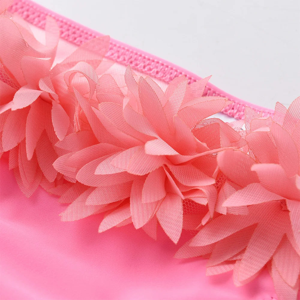 Girls Pink Floral Bikini Sets Kids One Shoulder Tulle Pink Swimsuit 2 Pcs Toddlers Summer Beach Vacation Party Stylish Swimwear