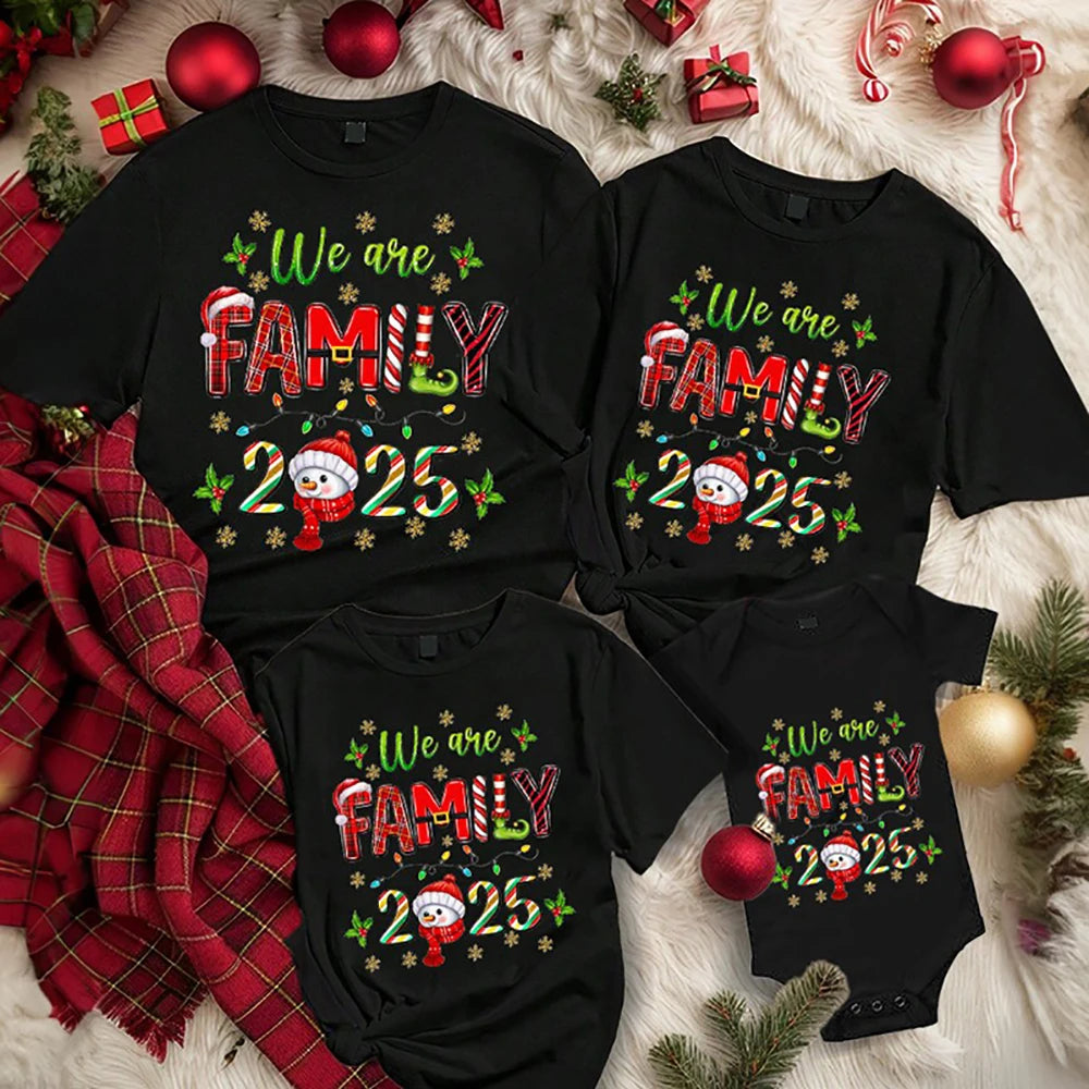 Family Christmas 2025 Matching Clothes Mom Dad Kids T-shirt Infant Baby Romper Deer Face Print Children Tees Xmas Gift for Party