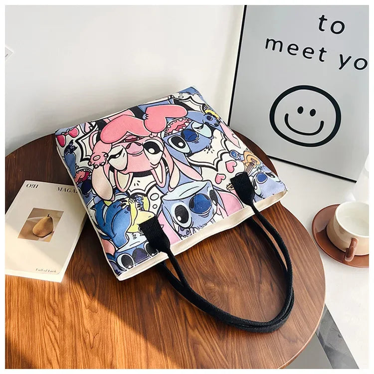 Kawaii Lilo & Stitch Large Canvas Bag Shoulder Bag Handbag Print Handbag Women's Large Capacity ShoppingBag Commuter Tote Bag
