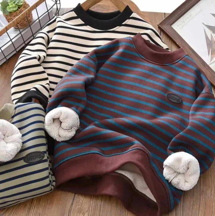 Boys' Striped Fleece-Lined Thickened Long Sleeve Sweatshirt 2025 Winter New Arrival Warm Base Layer Mid-Big Size Top