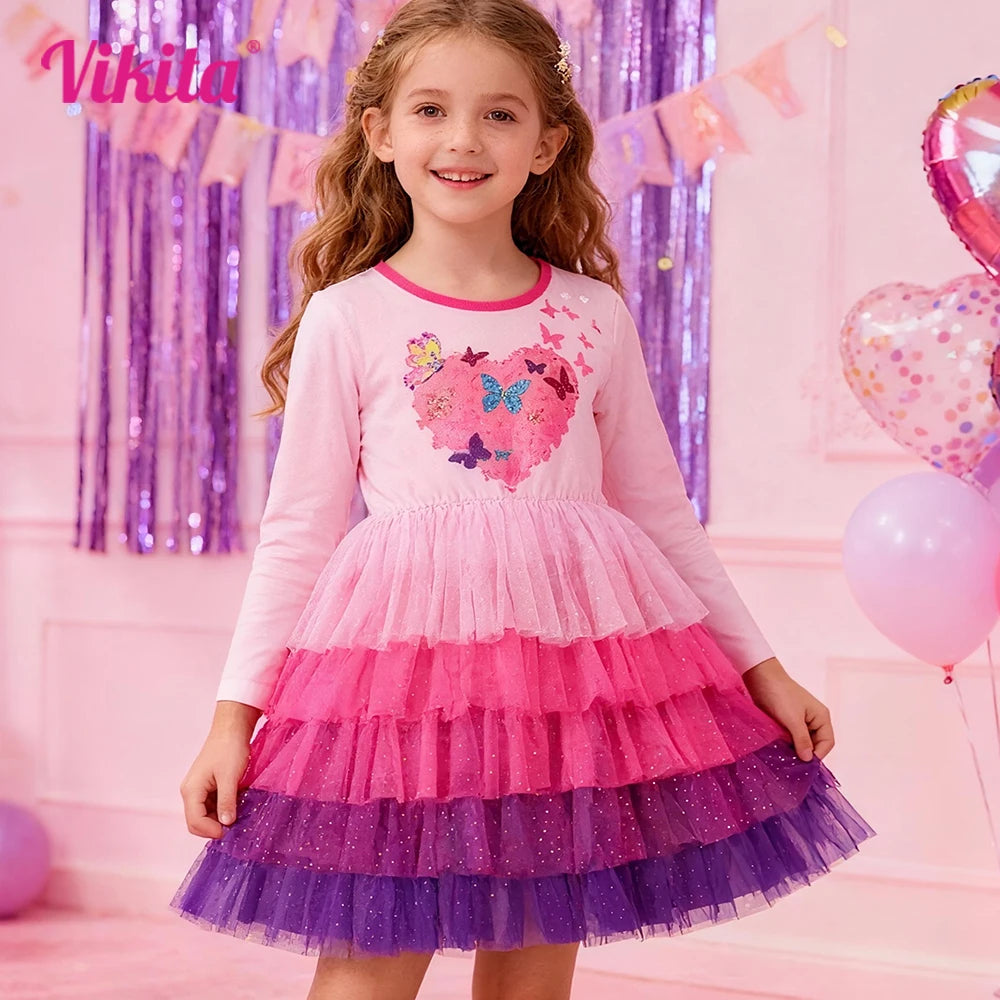 VIKITA Girls Heart Design Butterfly Print Dress Kids Pink Dresses Girls Autumn Spring Long Sleeve Mesh Tulle Layered Vestidos