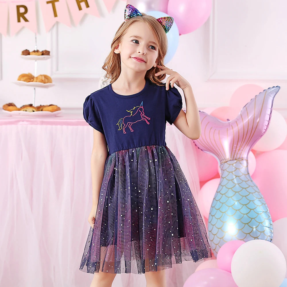 VIKITA Kids Summer Short Sleeve Princess Dress Girls Gradient Unicorn Embroidery Dress Children Birthday Party Casual Dresses