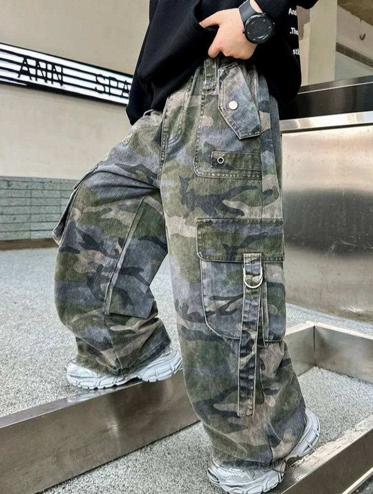 2025 New Boys Autumn Camouflage Tactical Pants - Kids Cargo Pants with Multiple Pockets, Trendy & Comfortable for 8-14 Years Old