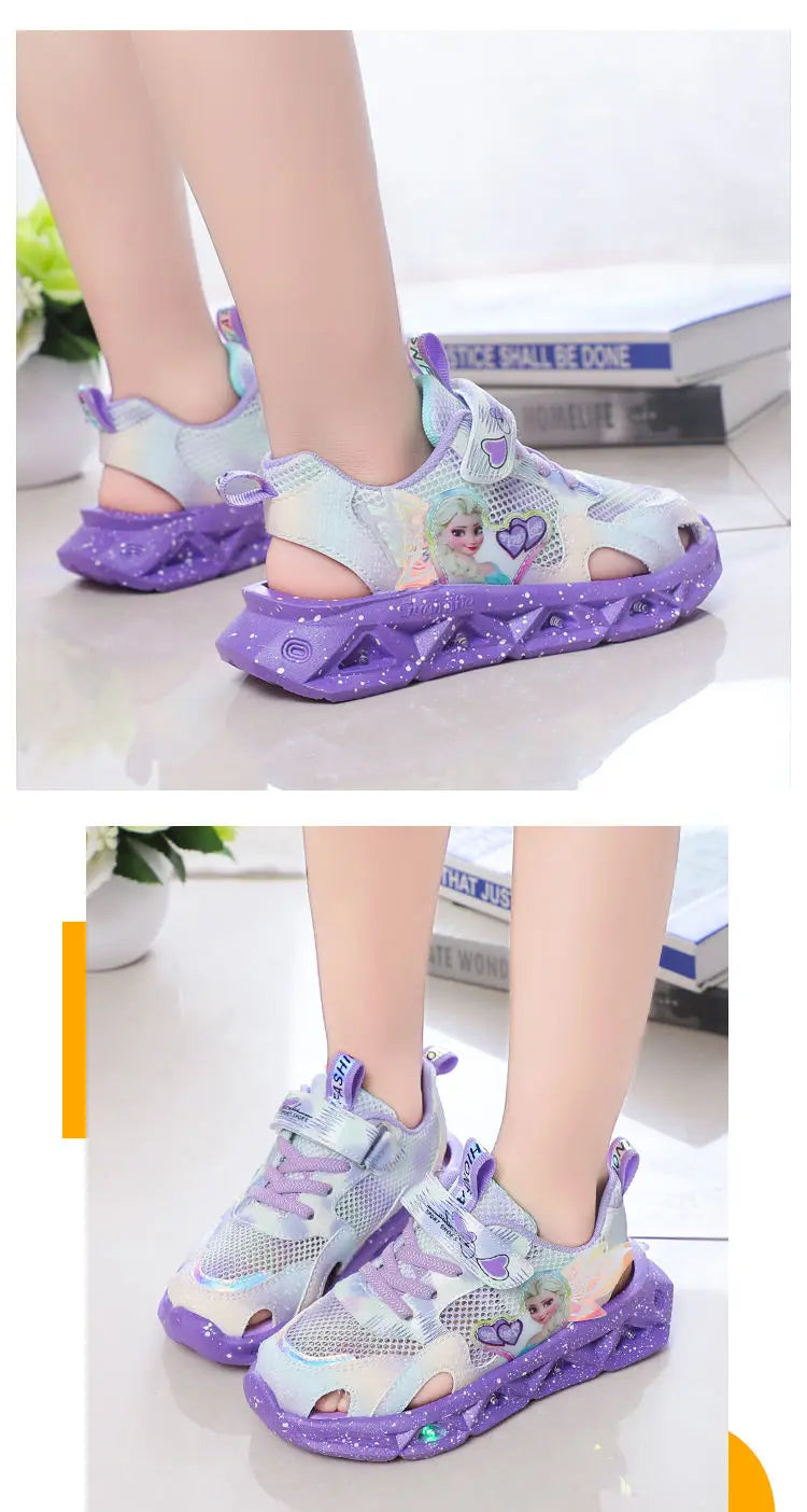 Disney Children's Sandals Women's Summer Girls' Sandals Led Lights Kids' Baby Princess Elsa Beach Pink Purple Shoes Size 22-37