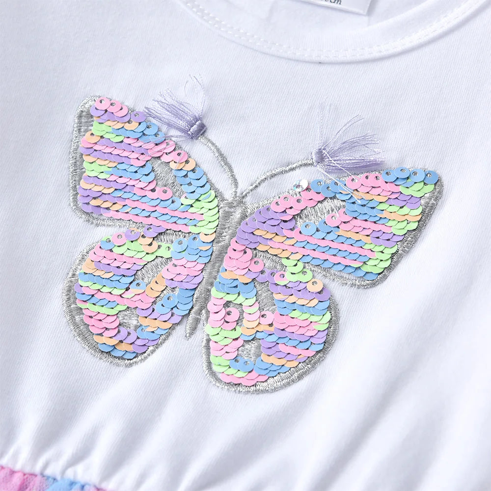 VIKITA Girls Long Sleeve Autumn Spring Dresses Kids Colorful Butterfly Sequined Appliqued Glittery Gradient Princess Mesh Frocks