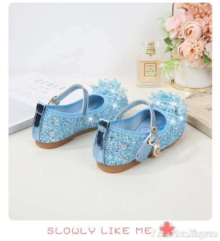 Disney Girls Princess Shoes Soft Sole Little Girl Frozen Children Crystal Casual Shoes Flat Leather Show Dance Shoes Size 22-36