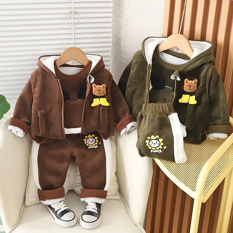Baby Boys Clothing Set Autumn Winter Cartoon Lion Fleece Thick Hooded Jacket Coat Pants 3Pc Suit for 1-4 Years Kids Warm Outfits