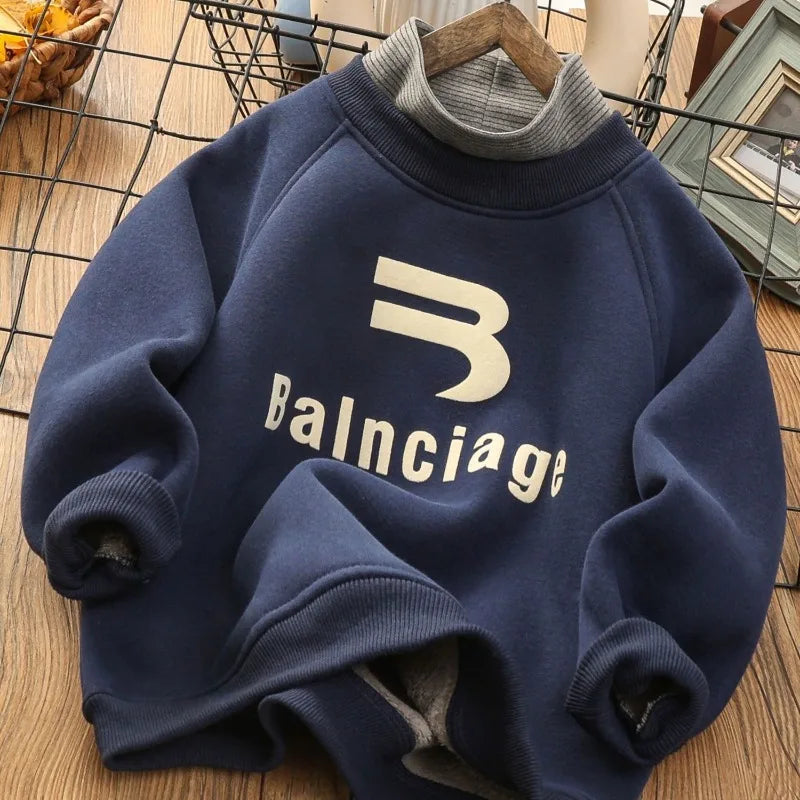 Boys' Big Kids Winter 2025 New Fake Two-Piece Fleece-Lined Mid-Collar Thickened Stylish Base Layer Sweatshirt Tops
