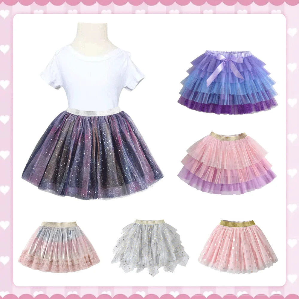 Girls Tutu Sequins Skirts Kids Clothes Bow Layered Skirts Princess Pleated Skirt Kids Mesh Skirt Girls Children Party Clothes