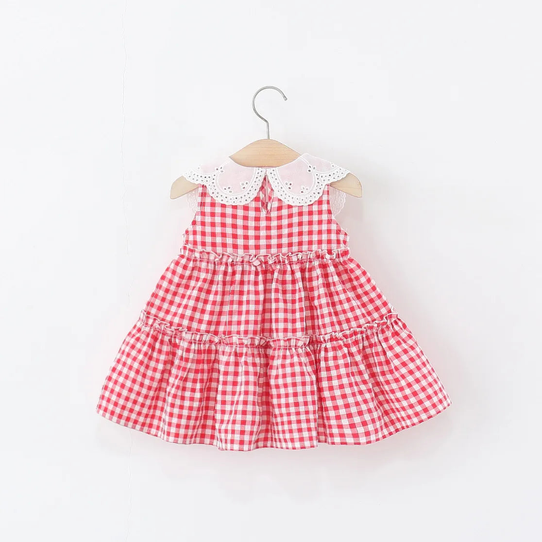 Summer New Simple Style Small Checkered Children'S Sleeveless Clothes, Sweet White Petal Lapel Baby Girl Dress (0-4 Years Old)