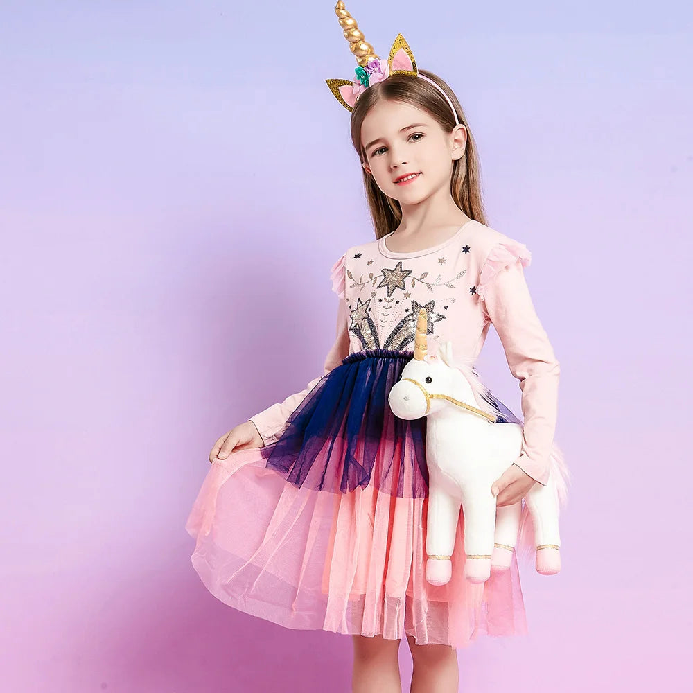 VIKITA Kids Pink Dress Girls Long Sleeve Autumn Spring Dress Kids Star Sequins Appliqued Vestidos Layered Princess Casual Wear