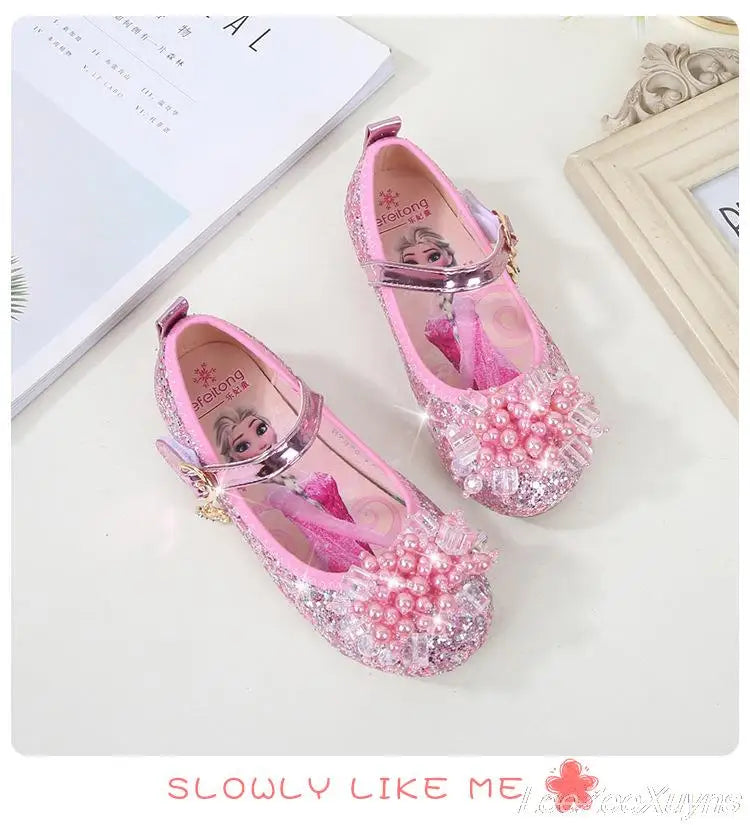 Disney Girls Princess Shoes Soft Sole Little Girl Frozen Children Crystal Casual Shoes Flat Leather Show Dance Shoes Size 22-36