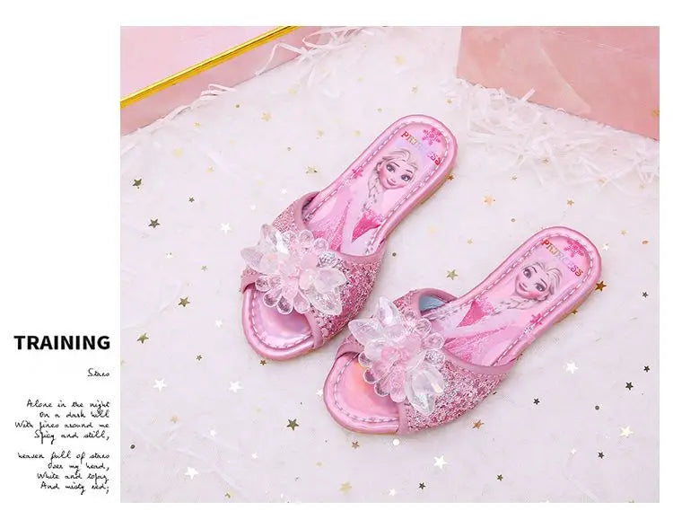 Disney Children's Sandals Frozen Slippers Fashion Elsa Princess Shoes Crystal Flowers Non-slip Blue Pink Silver Girls' Sandals