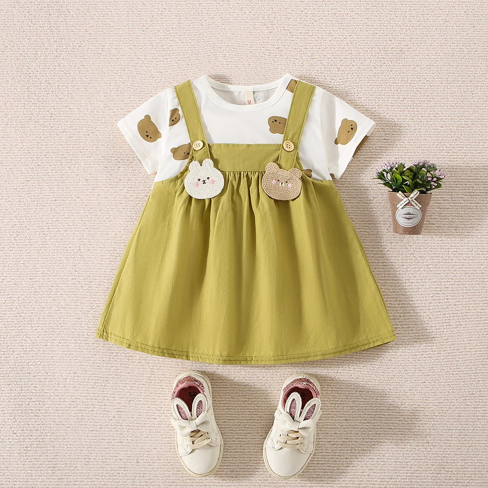 (6-24 Months) Summer New Small Bear Short Sleeved Baby Girl Dress, Fake Two Children'S Clothes