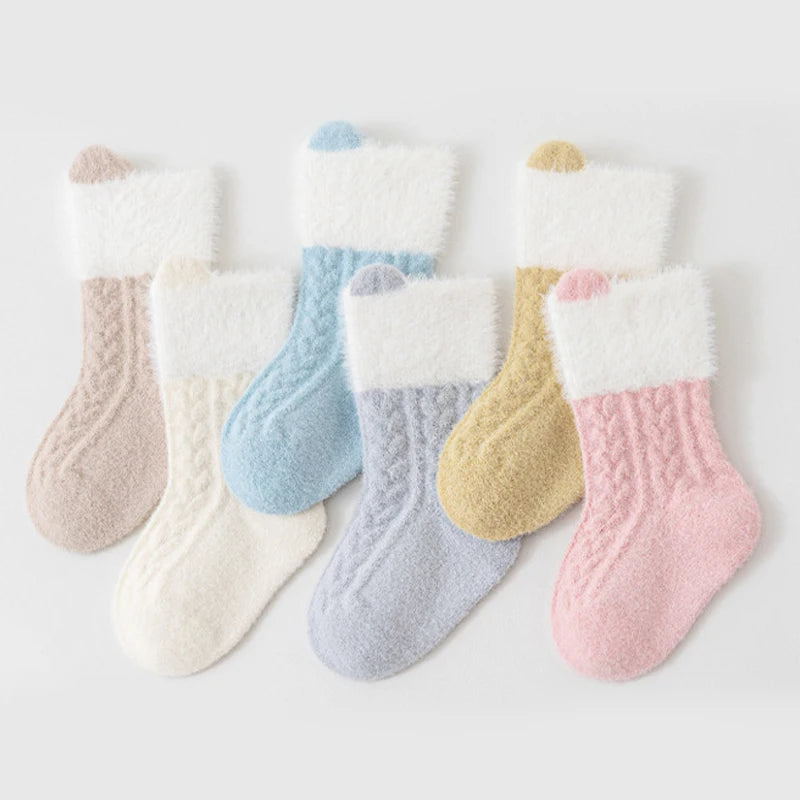 3/6 Pairs Newborn Socks Autumn Winter Thick Solid Color Kids Socks Mid-Tube Baby Socks For Boys And Girls