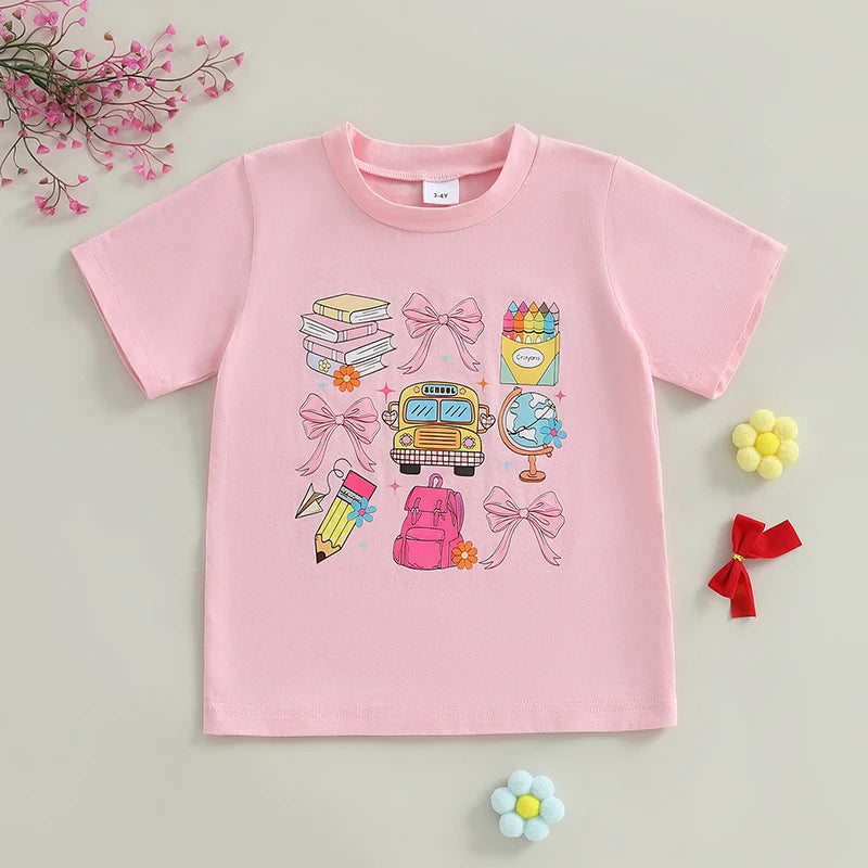 Girls Short Sleeve Crew Neck T-Shirt with Fun School Print Loose Fit Top for Spring and Summer Cute and Comfortable