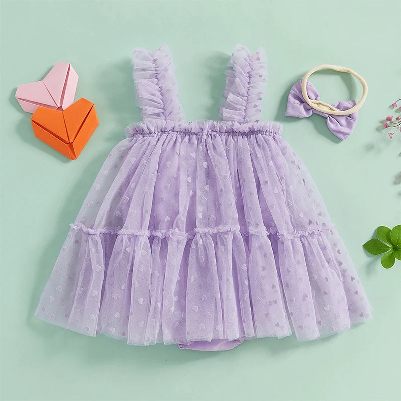 Toddler Girls Floral Print Ruffle Sleeve Romper Dress with Matching Headband Set for Summer Beach Outfit