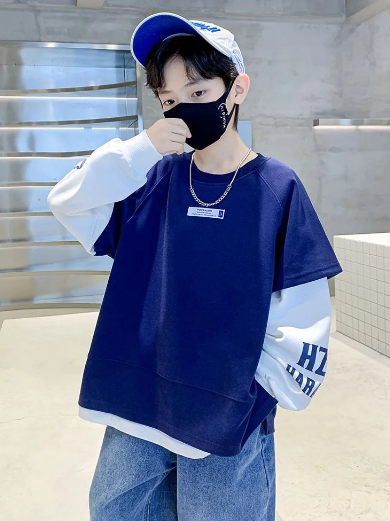 Fake Two Pieces Top Clothes for Children Kids T-shirts Children's Clothing Boys Spring Autumn Oversized T-shirt Boys' Outdoor