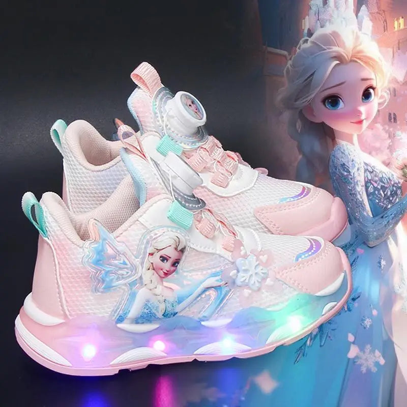 Disney LED Casual Sneakers Spring Girls Frozen Elsa Princess PU Leather Shoes Children Lighted Non-slip Pink Size 23-35
