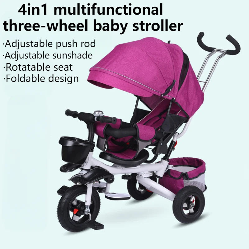 4 in 1 Folding Kids Trike Sit & Lying Toddler Stroller with Large Canopy Tricycle Dual Brake 3-Gear Adjustable Backrest Portable