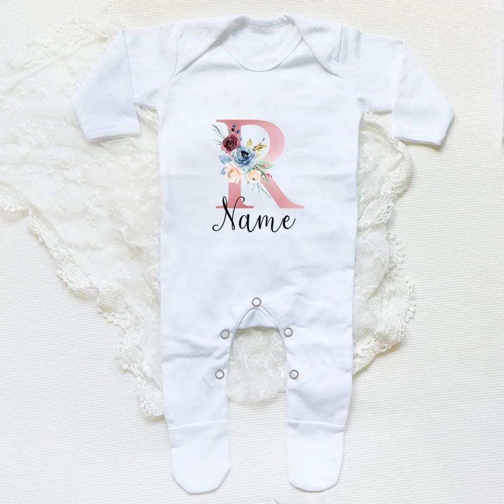 Personalised Babygrow Sleepsuit Flower Initial Infant Romper Baby Coming Home Outfit Newbron Shower Gift Baby Girls Sleepsuit