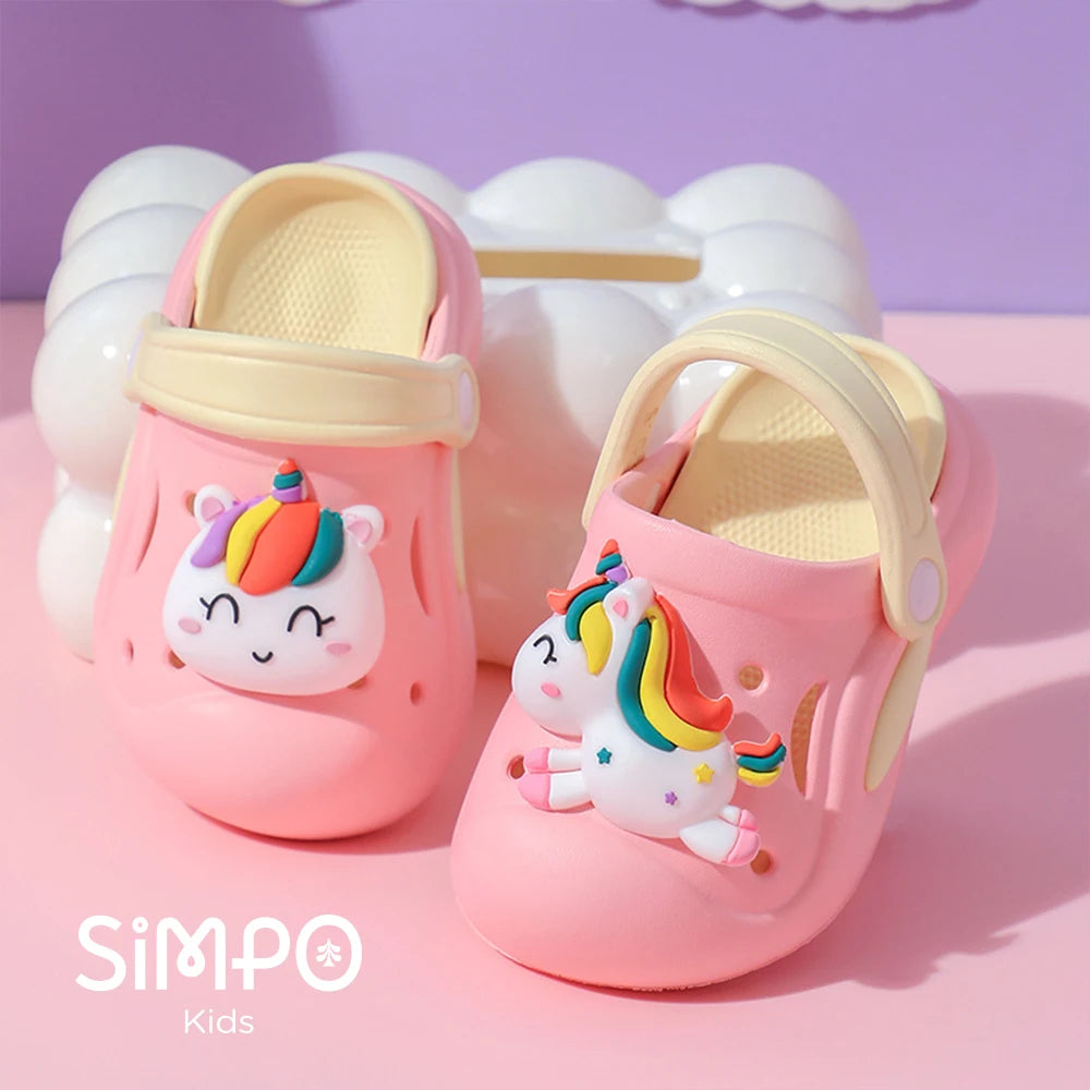 Kawaii Garden Shoes For Little Kid With Unicorn Charm Rainbow Color Girl's Clogs Outdoor Thick Sole Anti-slip Sandals Summer