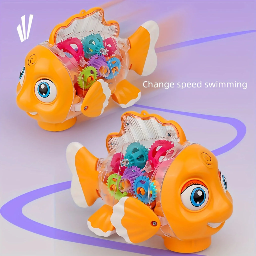Transparent Electric Gear Gold Fish Toddler Toys with Music & Lights Bump & Go Educational STEM Toys for Babies Tummy Time Gifts