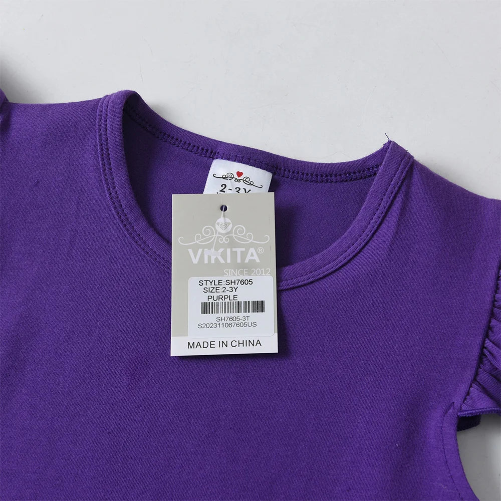 VIKITA Girls Flare Sleeve Summer Dress Kids Cotton Casual Licorne Flower Print Purple Princess Straight Dress Children Clothing