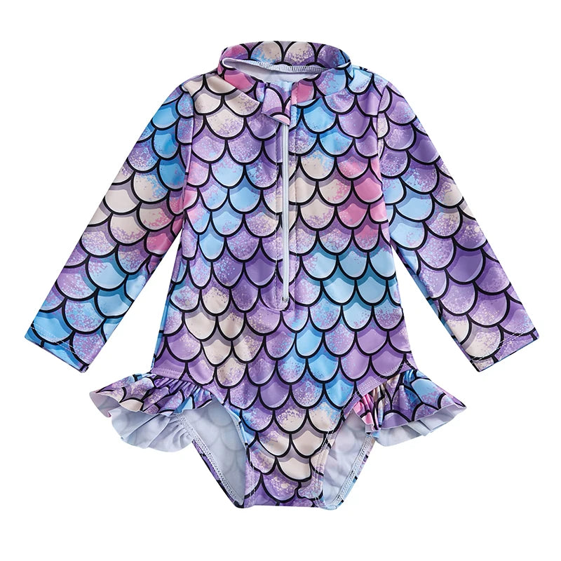 Mermaid Print  Swimsuit with Zipper Closure and Ruffled Mock Neck for Toddler Girls - UV Protection Rash Guard Bathing