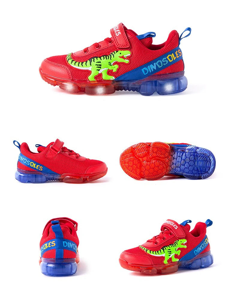 EXDINO T-REX LED 2-9Y Boys Spring Autumn Mesh Tennis Shoes Glowing Children's Kids Flashing Jelly Sole Light Up Casual Sneakers