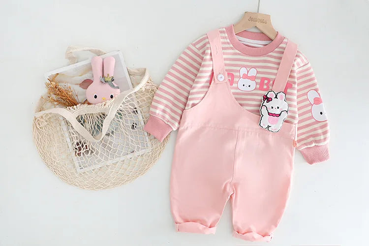 New Autumn Baby Girls Clothes Set Children Boys Striped T-Shirt Overall 2Pcs/Set Kids Clothing Infant Costume Toddler Tracksuits