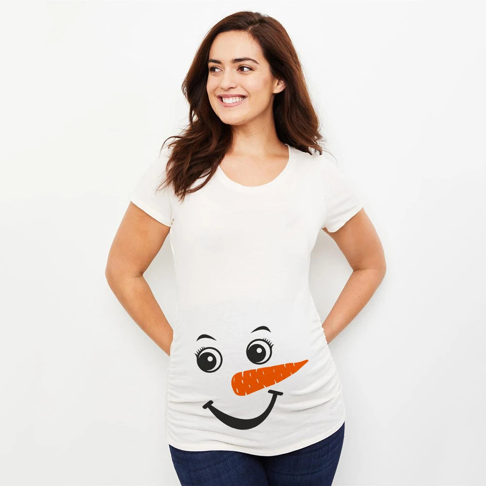 Christmas Pregnant Women T-shirt Snowman Cartoon Printed T Shirt Pregnancy Announcement Clothes Maternity White Short Sleeve Top
