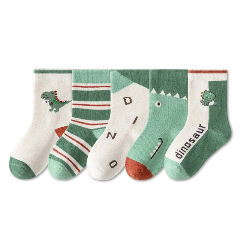 5/10 pairs/lot Kids Casual Socks for Boys 2025 New Cartoon Dinosaur Print Children Ankle Short Breathable Cotton Toddler Sock