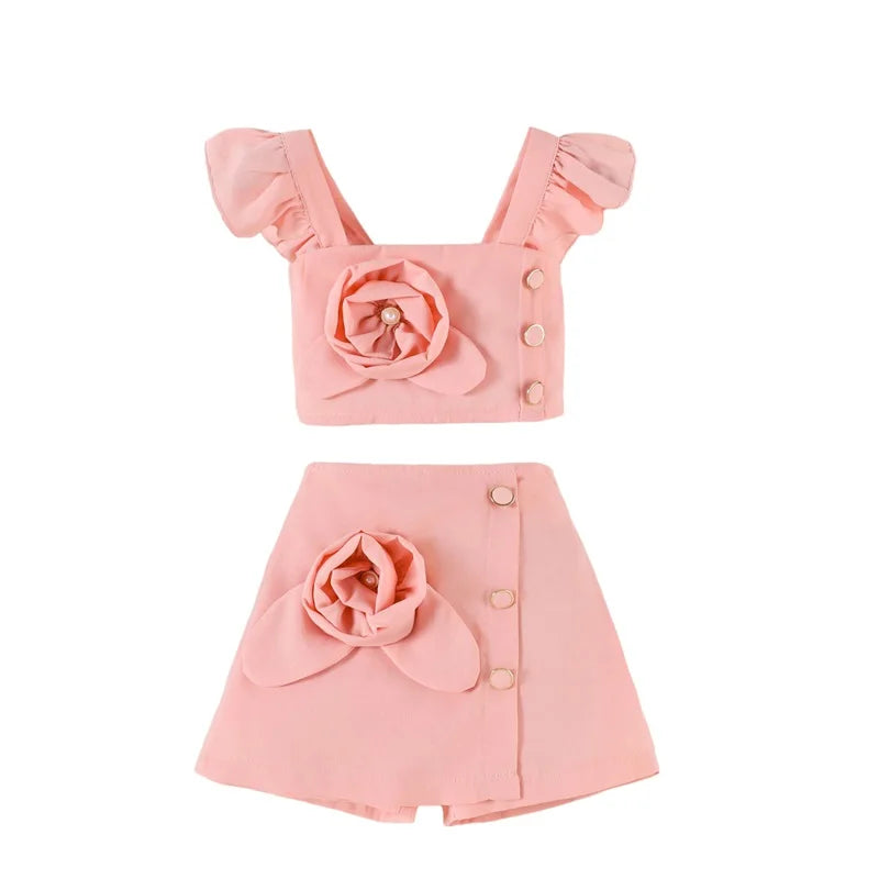 Adorable Baby Girl Summer Ensemble Flutter Sleeve Square Neck Top with 3D Floral Detailing and Matching A-Line Skirt - 2 Piece
